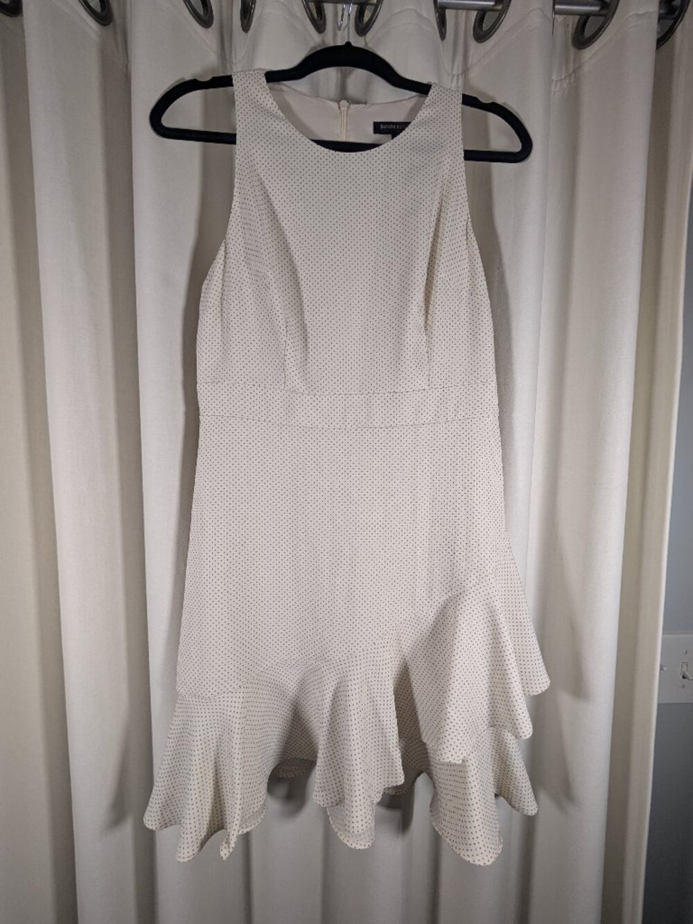 Banana Republic Dress Womens 8P Ivory Polka Dot Sleeveless Midi, Ruffle, NWT